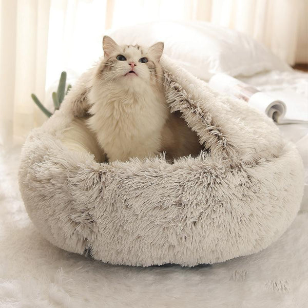 Plush enclosed faux fur pet bed for small dogs and cats