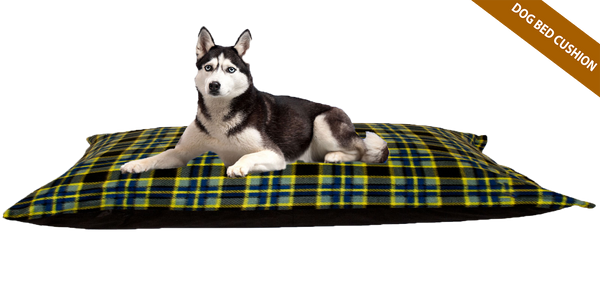 Green Check Cushion Dog Bed Fibre+Foam Filled Removable Fleece Cover
